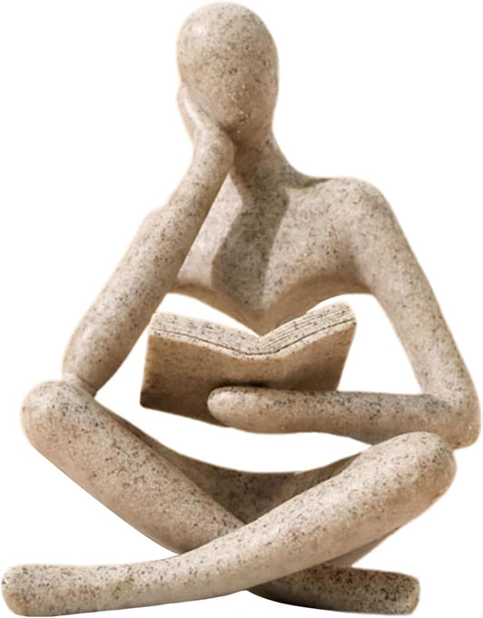 Abstract Thinker Statue - Modern Aesthetic Bookshelf Decor for Living Room & Office - Beige Reading Figurine for Coffee Table & Desk