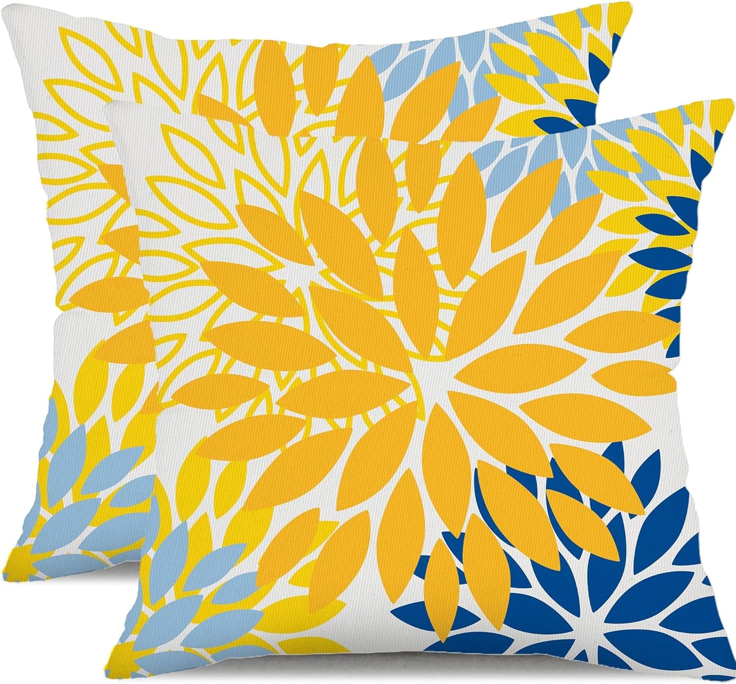 Vibrant Yellow & Blue Floral Pillow Covers - Set of 2, 18x18 Inch Waterproof Decor for Living Room, Sofa, and Patio Furniture