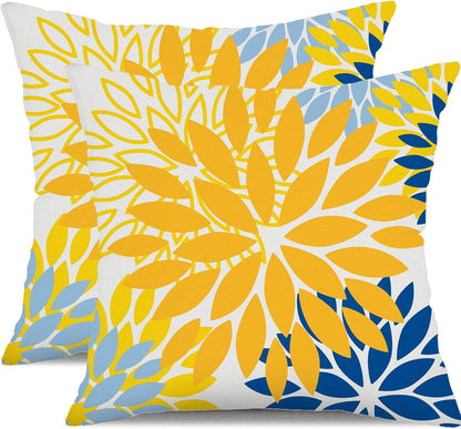 Vibrant Yellow & Blue Floral Pillow Covers - Set of 2, 18x18 Inch Waterproof Decor for Living Room, Sofa, and Patio Furniture
