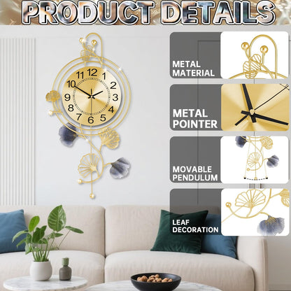 Elegant Silent Metal Wall Clock with Gold and Blue Leaves - Modern Design for Living Room, Bedroom, Office (25"x12") - Black Butterfly Accent