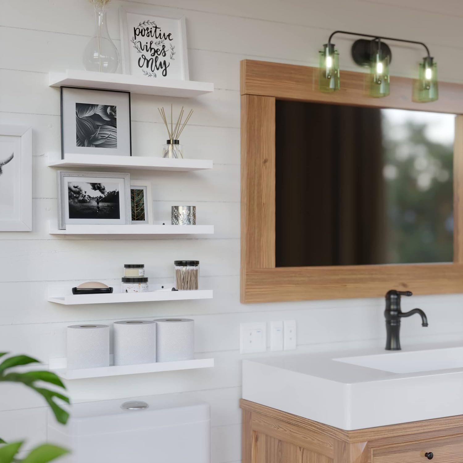 5-Piece White Floating Shelves Set - Stylish Wall-Mounted Picture Ledge for Nursery, Bedroom, Living Room, and Bathroom Decor