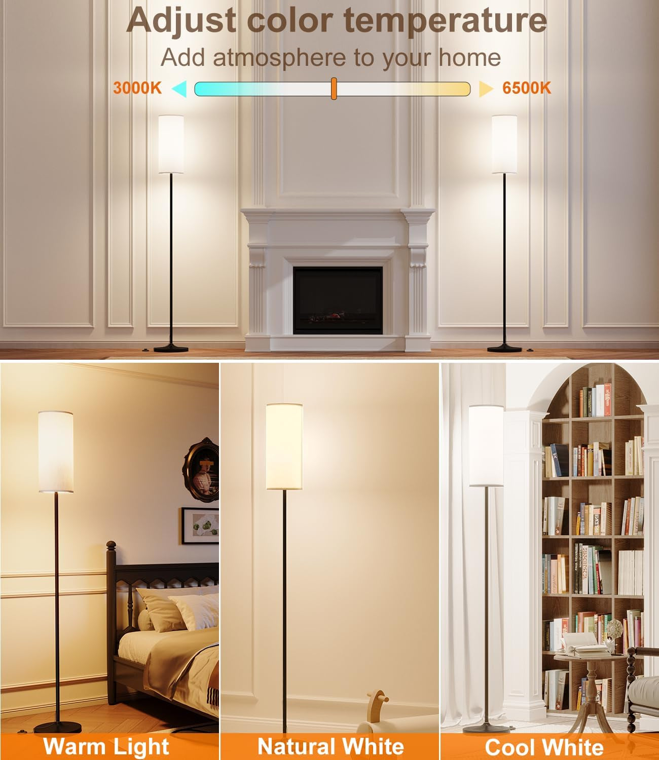 Dimmable LED Floor Lamp with Remote & Foot Switch - Custom Color Temperature Black Pole Lamp for Living Room, Bedroom, Office & Kids Room - 12W Tall Lampshade Included