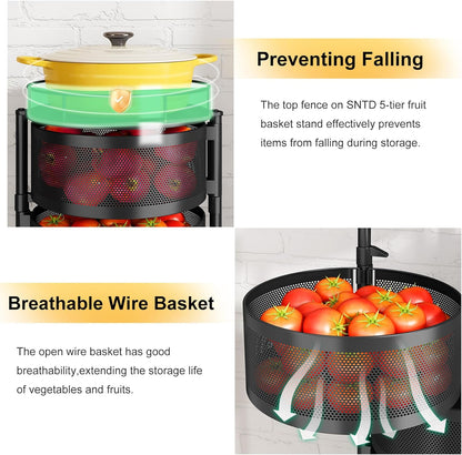 5-Tier Rotating Fruit and Vegetable Storage Rack with Metal Lid - Stylish Black Wire Basket Organizer on Wheels for Potatoes, Onions, Bread, and Bananas
