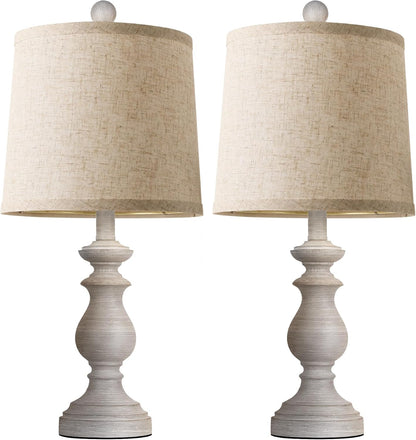Rustic Farmhouse Table Lamp Set of 2 - 22" Vintage Nightstand Lamps with Linen Shades in Antique Grey for Living Room & Bedroom