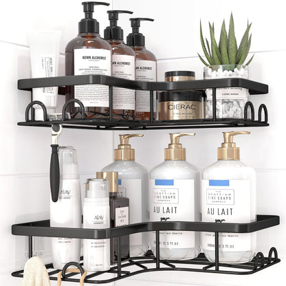 Space-Saving Corner Shower Caddy - 2 Pack, Rustproof Stainless Steel Shelves with 8 Hooks, No Drilling Bathroom Organizers in Black
