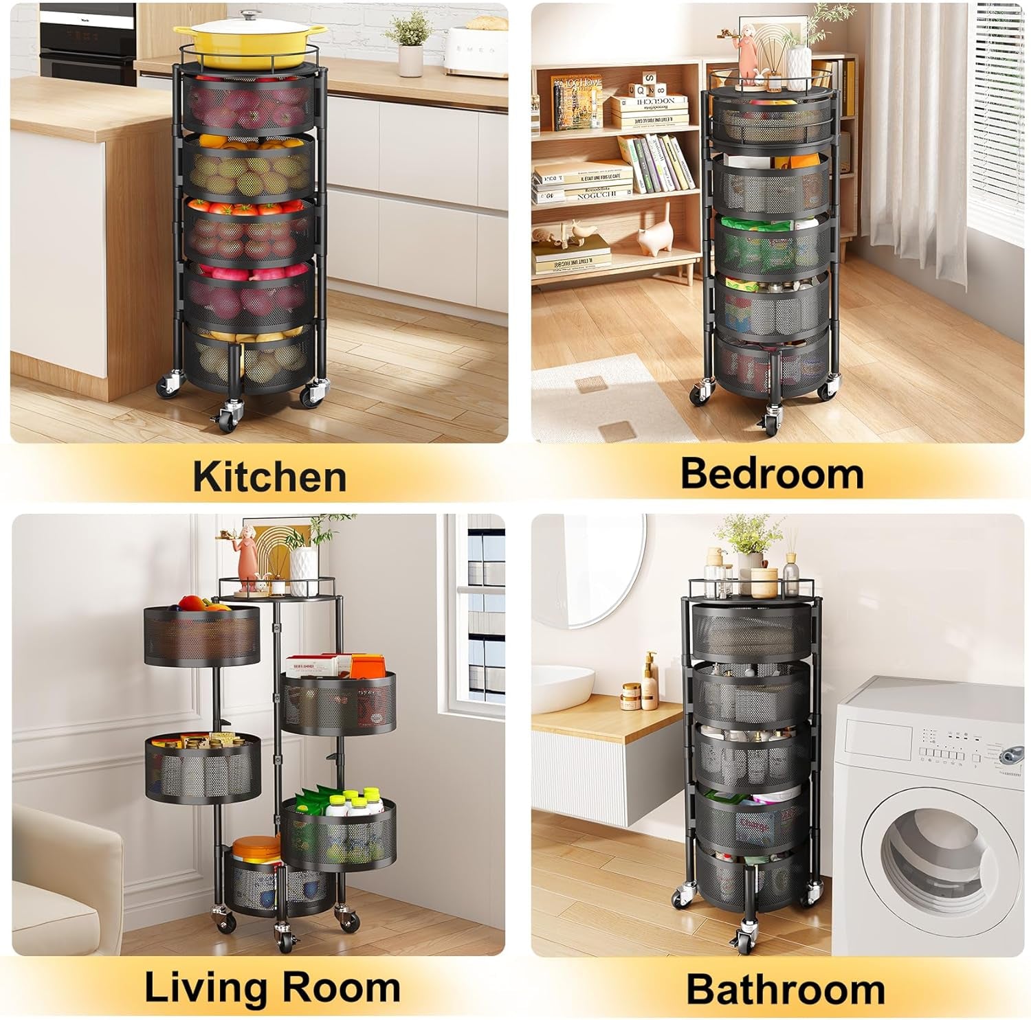 5-Tier Rotating Fruit and Vegetable Storage Rack with Metal Lid - Stylish Black Wire Basket Organizer on Wheels for Potatoes, Onions, Bread, and Bananas