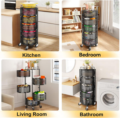 5-Tier Rotating Fruit and Vegetable Storage Rack with Metal Lid - Stylish Black Wire Basket Organizer on Wheels for Potatoes, Onions, Bread, and Bananas