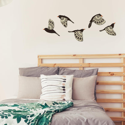 Elegant  5-Piece Wooden Bird Wall Art - Rustic Scandinavian Decor for Living Room, Bedroom, Kitchen, and Office (Black)