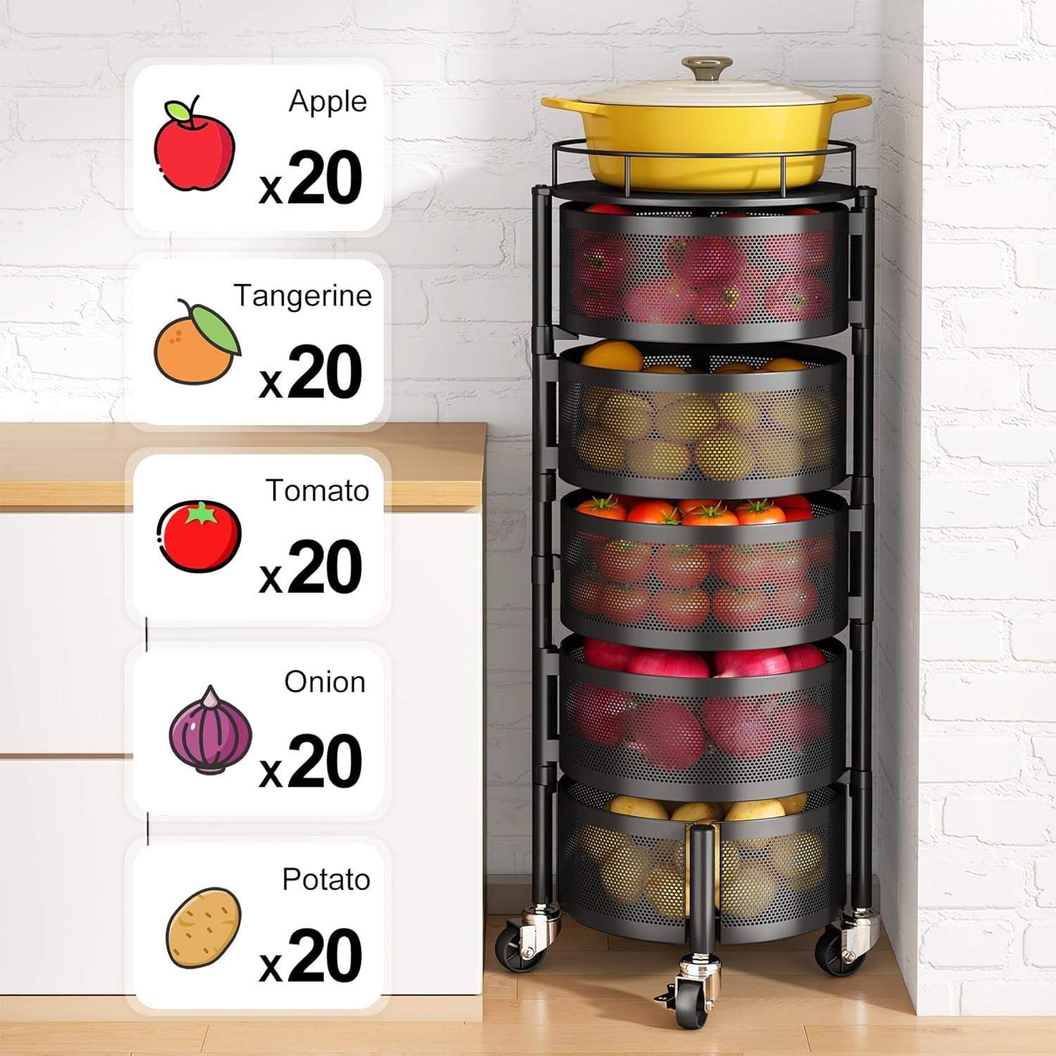 5-Tier Rotating Fruit and Vegetable Storage Rack with Metal Lid - Stylish Black Wire Basket Organizer on Wheels for Potatoes, Onions, Bread, and Bananas
