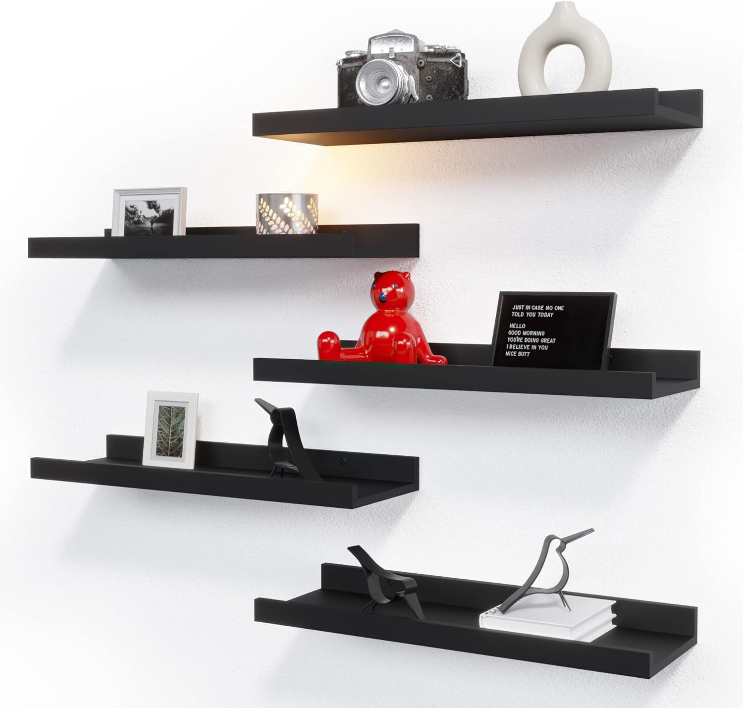 5-Piece Black Floating Wall Shelves - Stylish Picture Ledge for Nursery, Bedroom, Living Room & Bathroom Storage