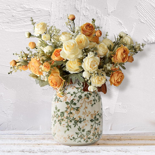 Chic Vintage Ceramic Vase - Rustic Chinoiserie Floral Decor for Home, Office & Living Spaces - 7.8 Inch Green and Beige Beauty