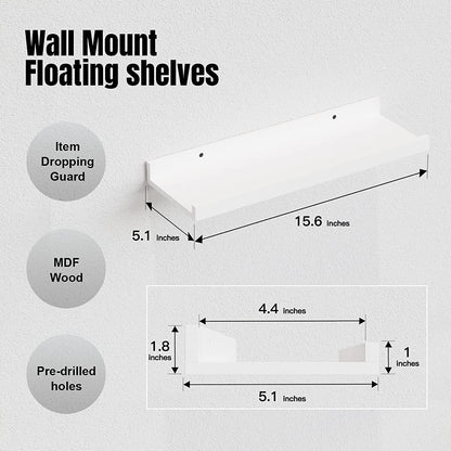 5-Piece White Floating Shelves Set - Stylish Wall-Mounted Picture Ledge for Nursery, Bedroom, Living Room, and Bathroom Decor