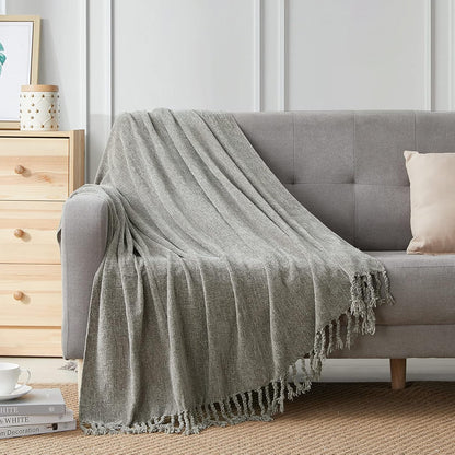 Luxurious Chenille Fluffy Throw Blanket with Decorative Fringe - Perfect for Couch, Sofa, or Chair (50x60 Inches, Grey)