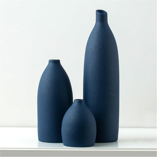 Elegant Matte Blue Vase Set - Coastal Decor for Kitchen, Living Room, Office, and Bathroom Centerpieces - Stylish Ceramic Vases for Table and Mantle Decorations