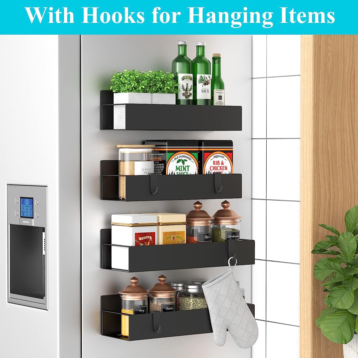Magnetic Spice Rack Organizer Set - 4 Pack Black Storage for Refrigerator and Oven