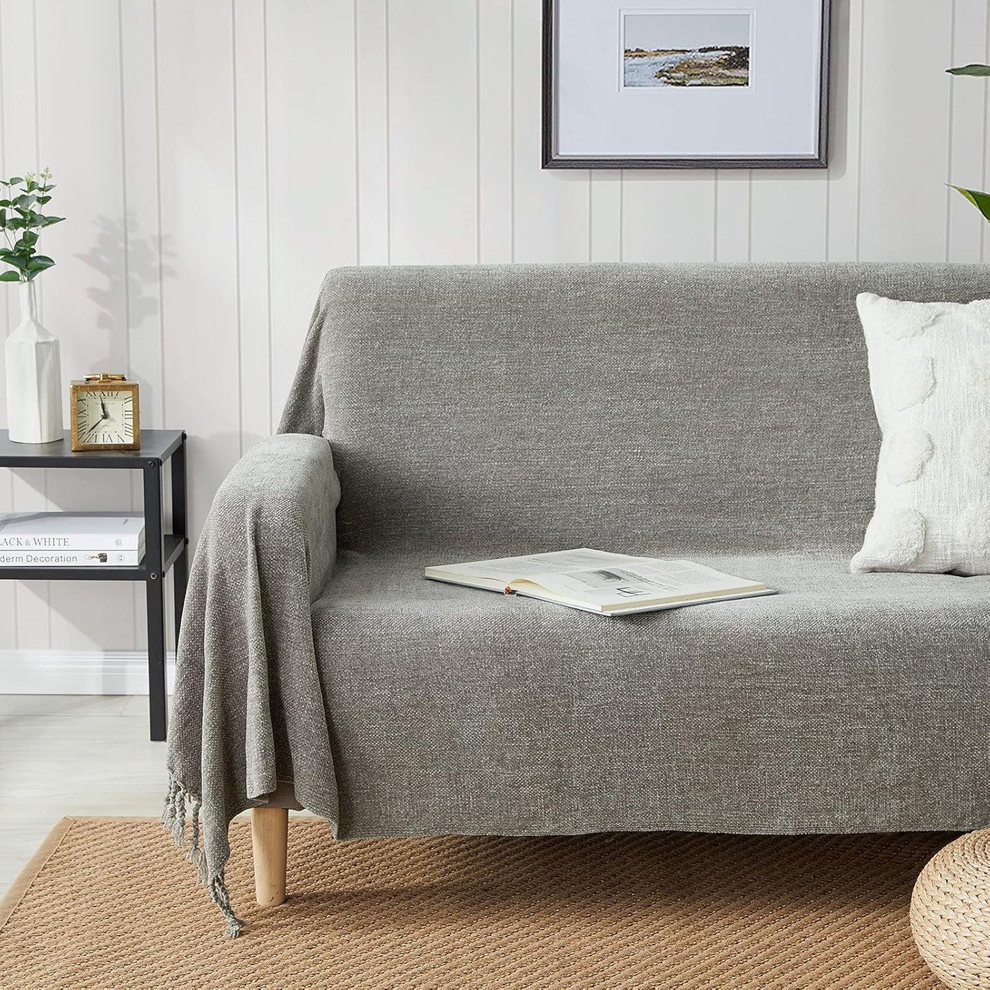 Luxurious Chenille Fluffy Throw Blanket with Decorative Fringe - Perfect for Couch, Sofa, or Chair (50x60 Inches, Grey)