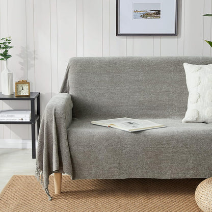Luxurious Chenille Fluffy Throw Blanket with Decorative Fringe - Perfect for Couch, Sofa, or Chair (50x60 Inches, Grey)