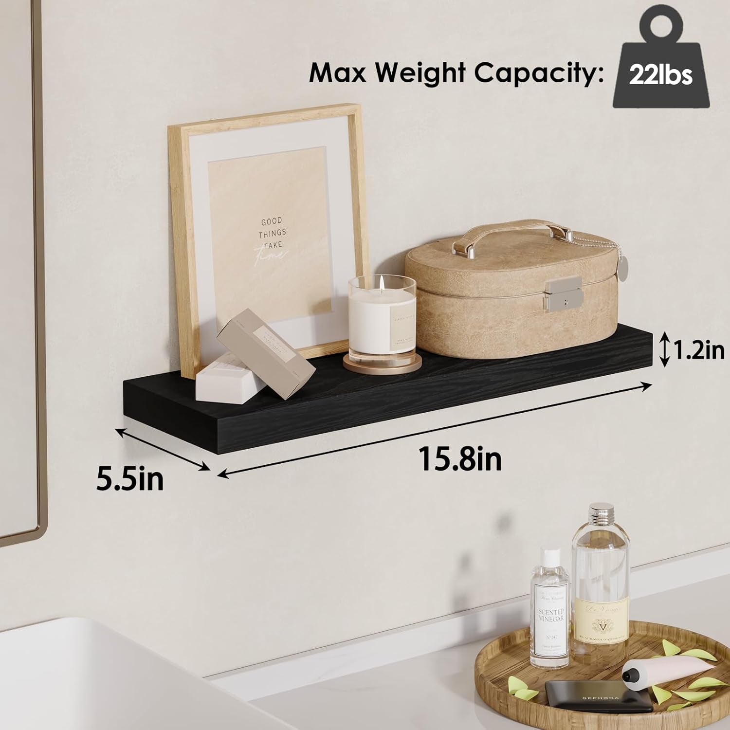 Stylish Rustic Floating Shelves - Set of 4 Black Wall-Mounted Wood Shelves for Home Decor, Storage, and Organization (15.8 Inch)