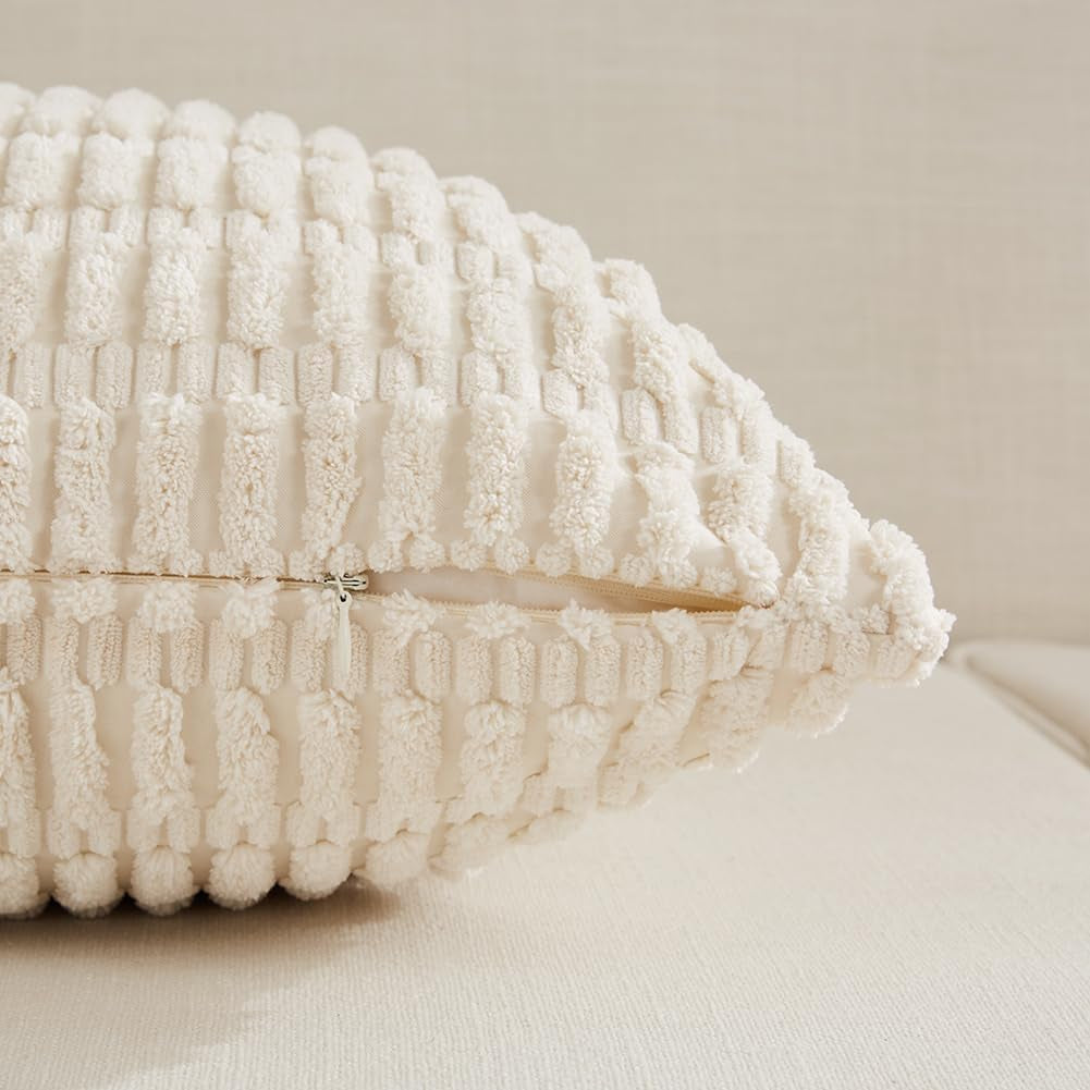 Chic 4-Pack Neutral Decorative Throw Pillow Covers - 18x18 Inch Soft Plush Striped Corduroy Cushion Cases for Rustic Farmhouse Boho Home Decor