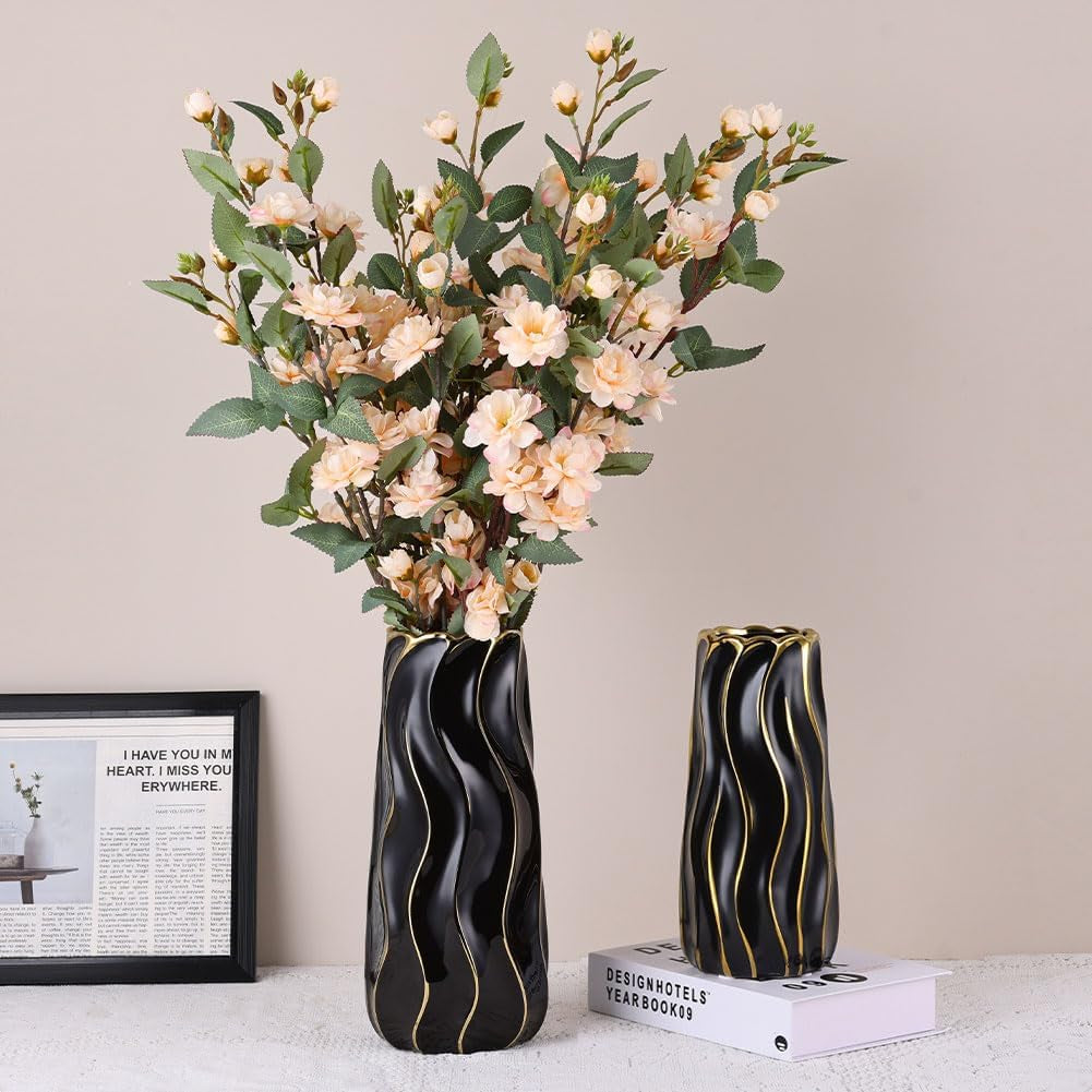 Elegant 7.5" Black Ceramic Vase - Stylish Minimalist Gold Accents, Perfect for Pampas Grass, Boho Home Decor, Weddings, and Gift Giving