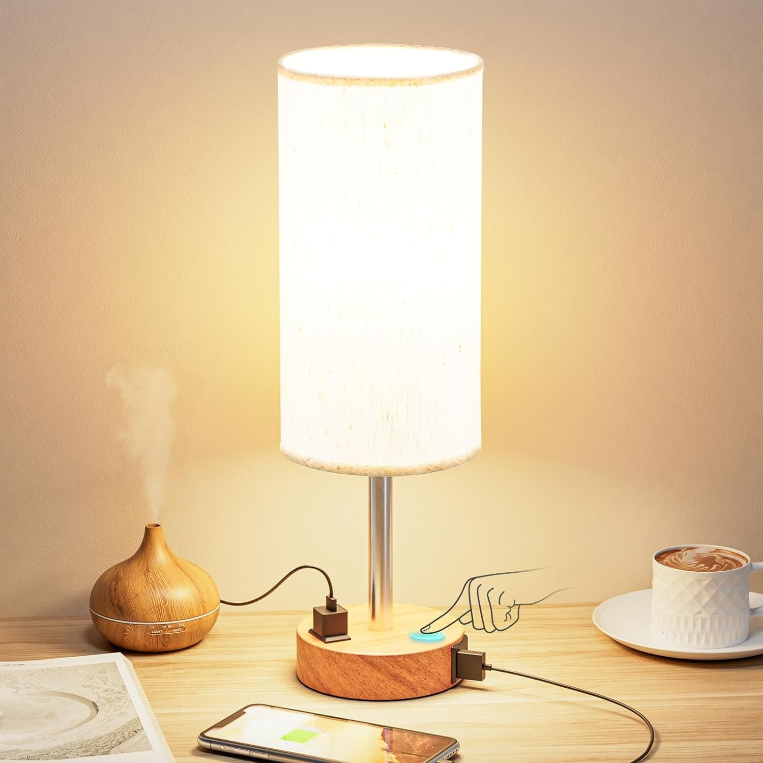 Elegant 3-Way Dimmable Touch Bedside Table Lamp with USB-C Charging and AC Outlet - Perfect for Bedroom, Living Room & Desk - Includes LED Bulb and Stylish Wood Base