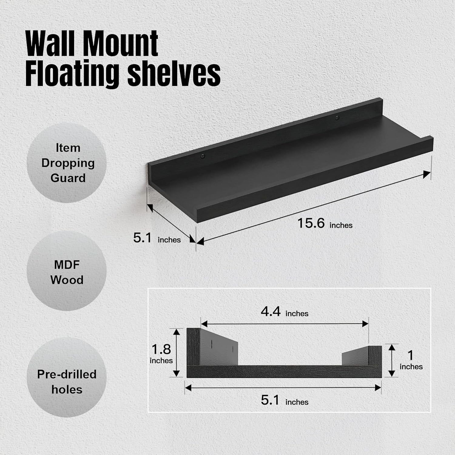 5-Piece Black Floating Wall Shelves - Stylish Picture Ledge for Nursery, Bedroom, Living Room & Bathroom Storage