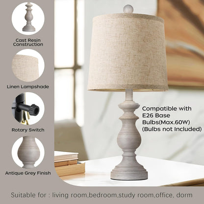 Rustic Farmhouse Table Lamp Set of 2 - 22" Vintage Nightstand Lamps with Linen Shades in Antique Grey for Living Room & Bedroom