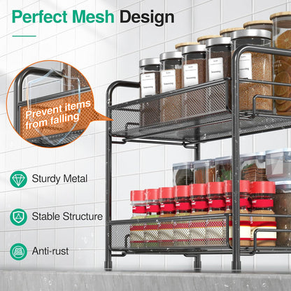 2-Tier Foldable Spice Rack Organizer - Rust-Proof Metal Seasoning Shelf with Guardrail & Mesh Design for Kitchen, Bathroom, Living Room, and Pantry - Sleek Black Finish