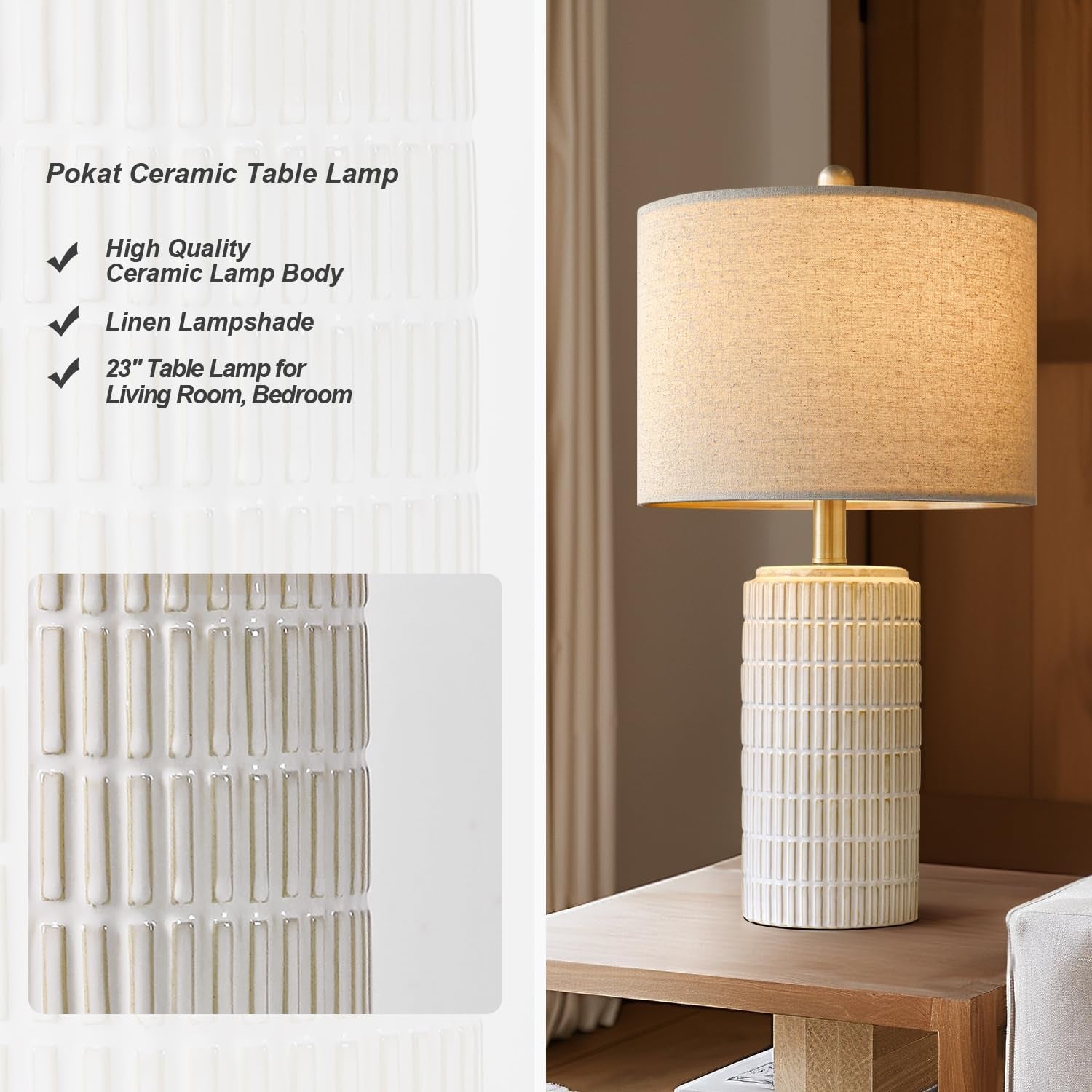 Set of 2  23" Modern Ceramic Table Lamps - Stylish White & Beige Design for Living Room, Bedroom, and Nightstand