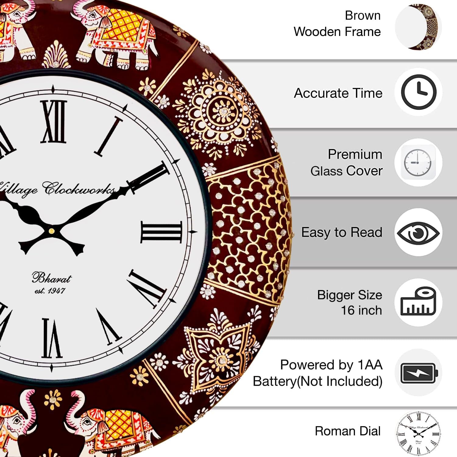 Handcrafted Rajasthani Elephant Wall Clock - Vintage Wooden Design for Living Room, Bedroom & Office - 16 Inch Silent Sweep Movement [KTWC191]