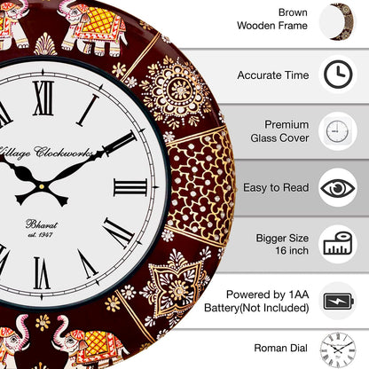 Handcrafted Rajasthani Elephant Wall Clock - Vintage Wooden Design for Living Room, Bedroom & Office - 16 Inch Silent Sweep Movement [KTWC191]