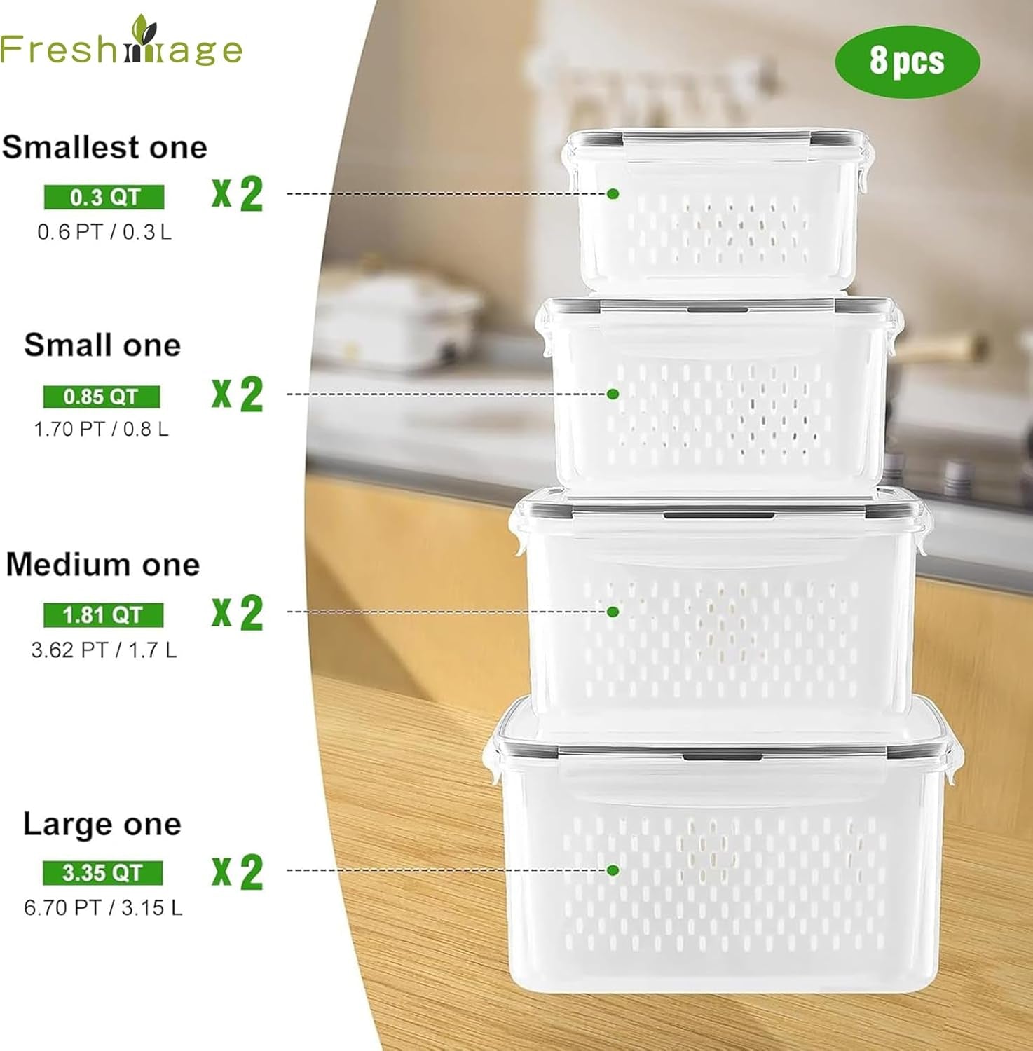 4-Piece Airtight Fruit Storage Containers with Removable Colander - Keep Berries and Vegetables Fresh Longer in the Fridge, Dishwasher Safe Produce Saver