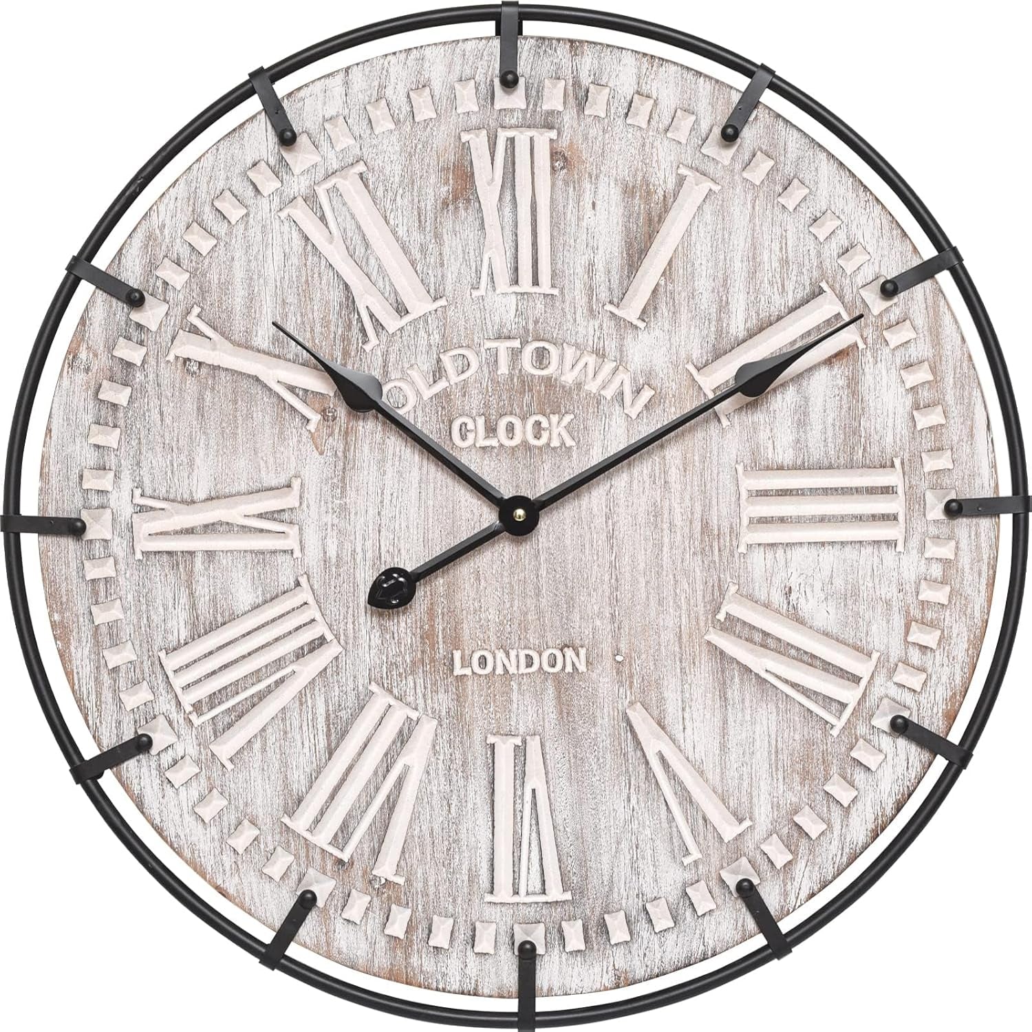 Rustic 24-Inch Farmhouse Wall Clock - Antique Wood & Metal Design with Large Engraved Numerals, Silent Battery Operated for Office, Kitchen, Bedroom & Living Room