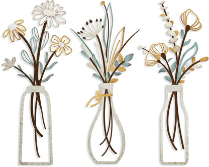 Chic Rustic Metal Flower Wall Art Set - 3 Pieces Beige Minimalist Decor for Living Room, Bathroom, Bedroom, Dining Room - Perfect Housewarming Gift!