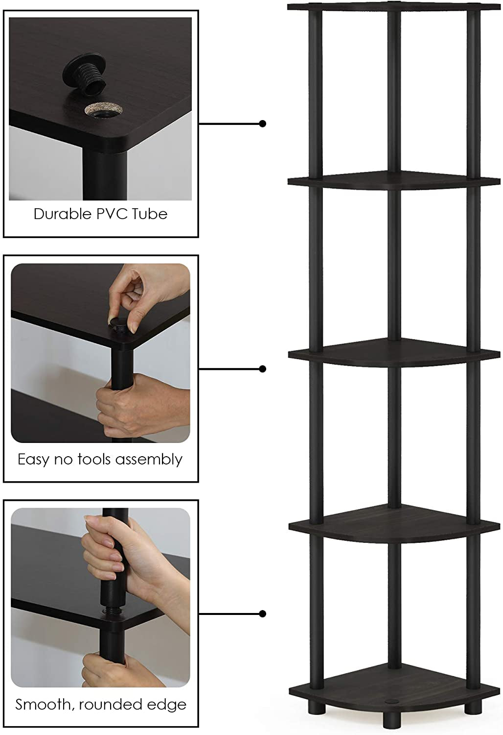 Stylish  5-Tier Corner Display Rack - Versatile Espresso/Black Shelving Unit