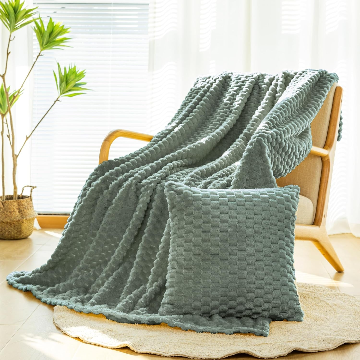 Sage Green Flannel Throw Blanket with Pillow Cover - Cozy 300 GSM Fleece for All Seasons, Perfect for Bed & Sofa (50x71 Inches)