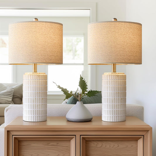 Set of 2  23" Modern Ceramic Table Lamps - Stylish White & Beige Design for Living Room, Bedroom, and Nightstand