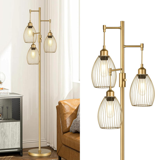 Elegant Dimmable Gold Tree Floor Lamp with Teardrop Cage Heads - 800 Lumens LED Lighting for Living Room and Bedroom