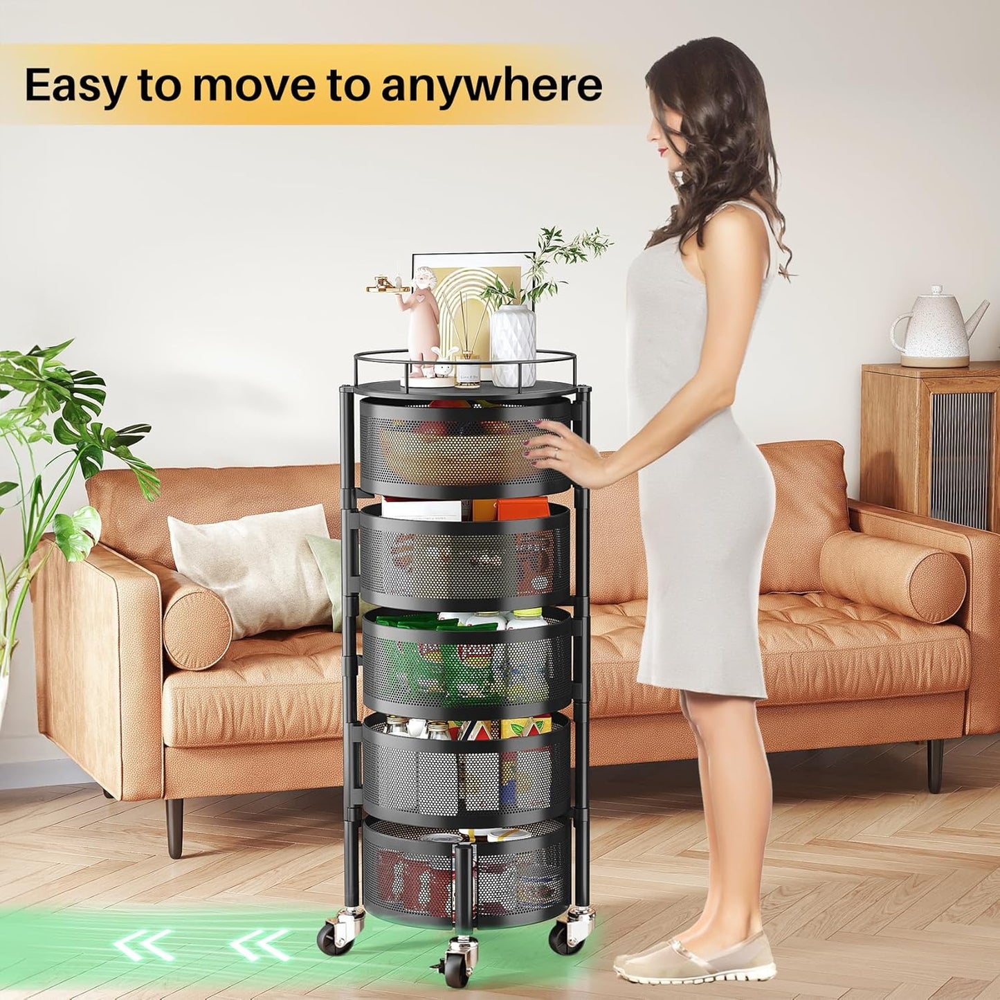 5-Tier Rotating Fruit and Vegetable Storage Rack with Metal Lid - Stylish Black Wire Basket Organizer on Wheels for Potatoes, Onions, Bread, and Bananas